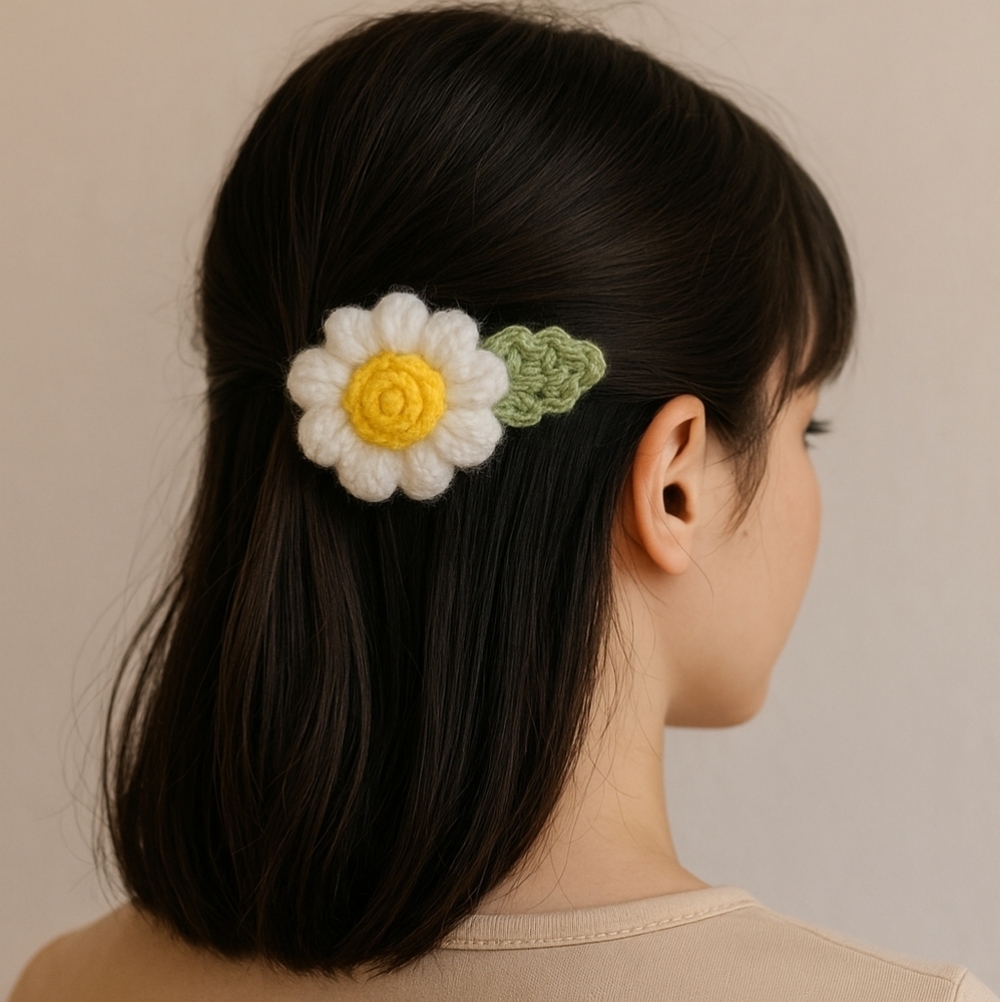 Handmade Crochet Floral Hair Clip White Yellow Green